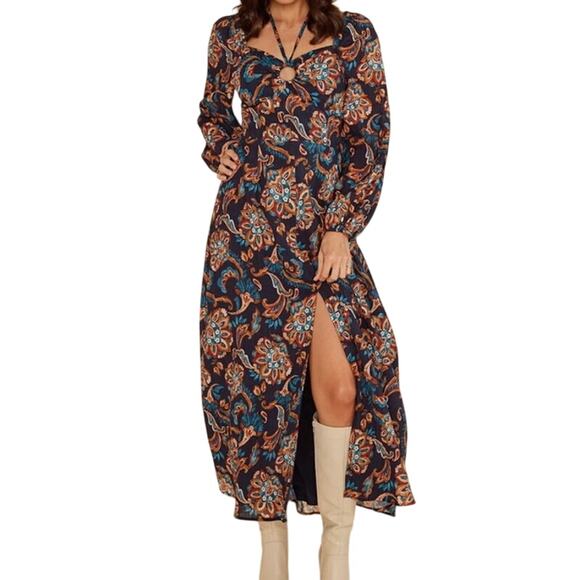 NWT MinkPink Whilla Navy Multi Paisley O-Ring Tie Neck Midi Dress Size Large - Picture 1 of 16